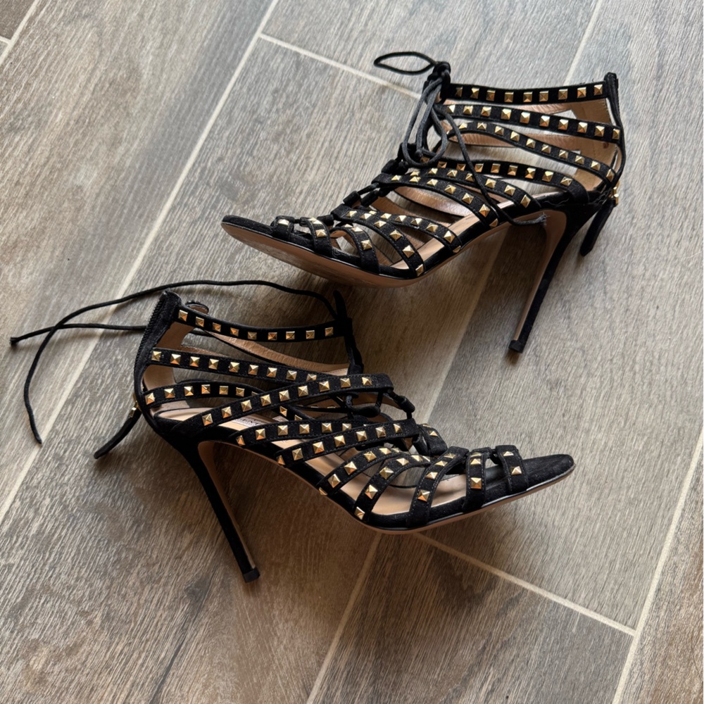 Valentino Garavani Black Lace-Up Heels with Gold Studs